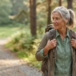 Older woman with grey hair in a ponytail hiking with a backpack along a sunlit forest trail.