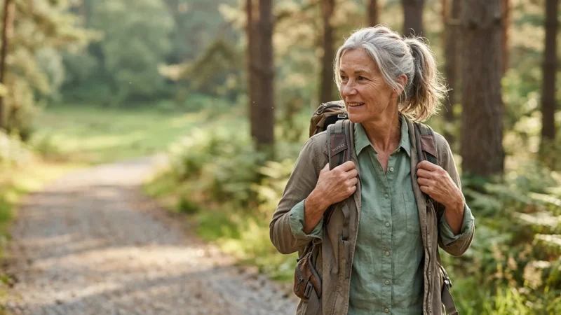 Older woman with grey hair in a ponytail hiking with a backpack along a sunlit forest trail.