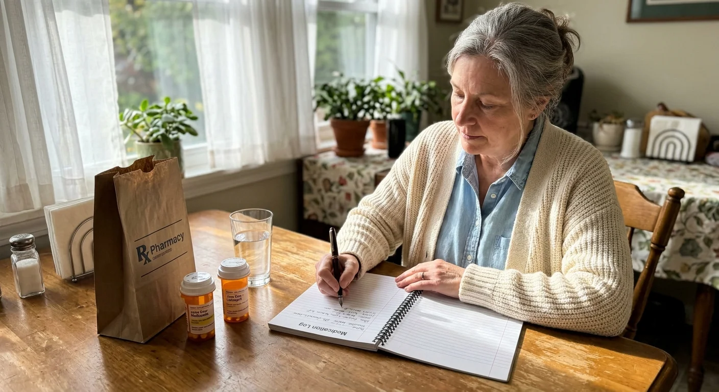 A woman sits at a wooden table writing in a medication log notebook beside prescription bottles and a pharmacy bag.