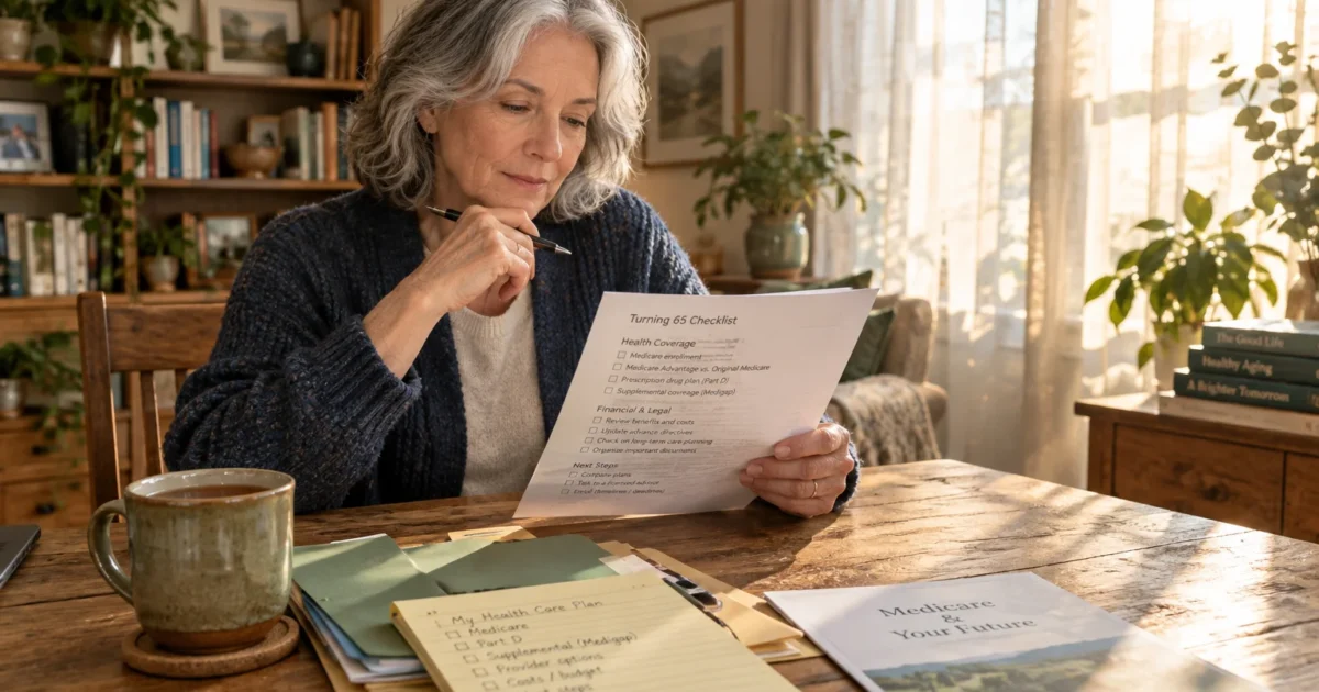 A mature woman sits at a wooden table reviewing a Turning 65 checklist alongside Medicare paperwork and a mug.