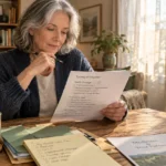 A mature woman sits at a wooden table reviewing a Turning 65 checklist alongside Medicare paperwork and a mug.