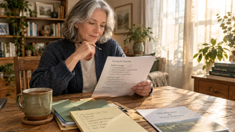 A mature woman sits at a wooden table reviewing a Turning 65 checklist alongside Medicare paperwork and a mug.