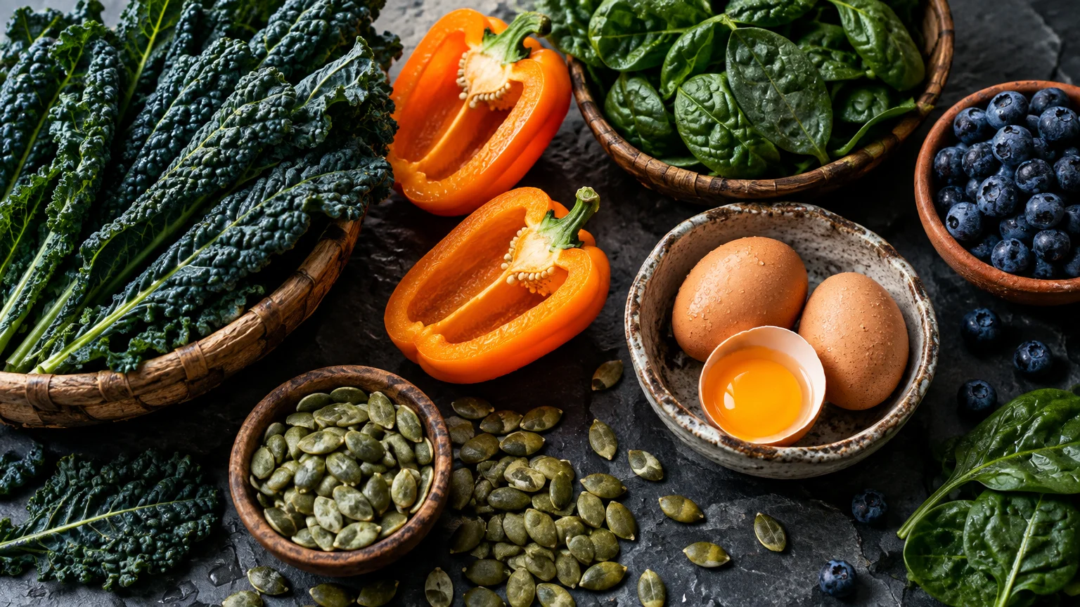 Dark leafy kale, spinach, sliced orange bell pepper, eggs with an exposed yolk, pumpkin seeds, and blueberries in bowls.
