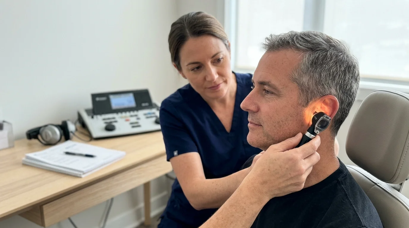 A female clinician in blue scrubs uses an illuminated otoscope to examine a seated man's ear.