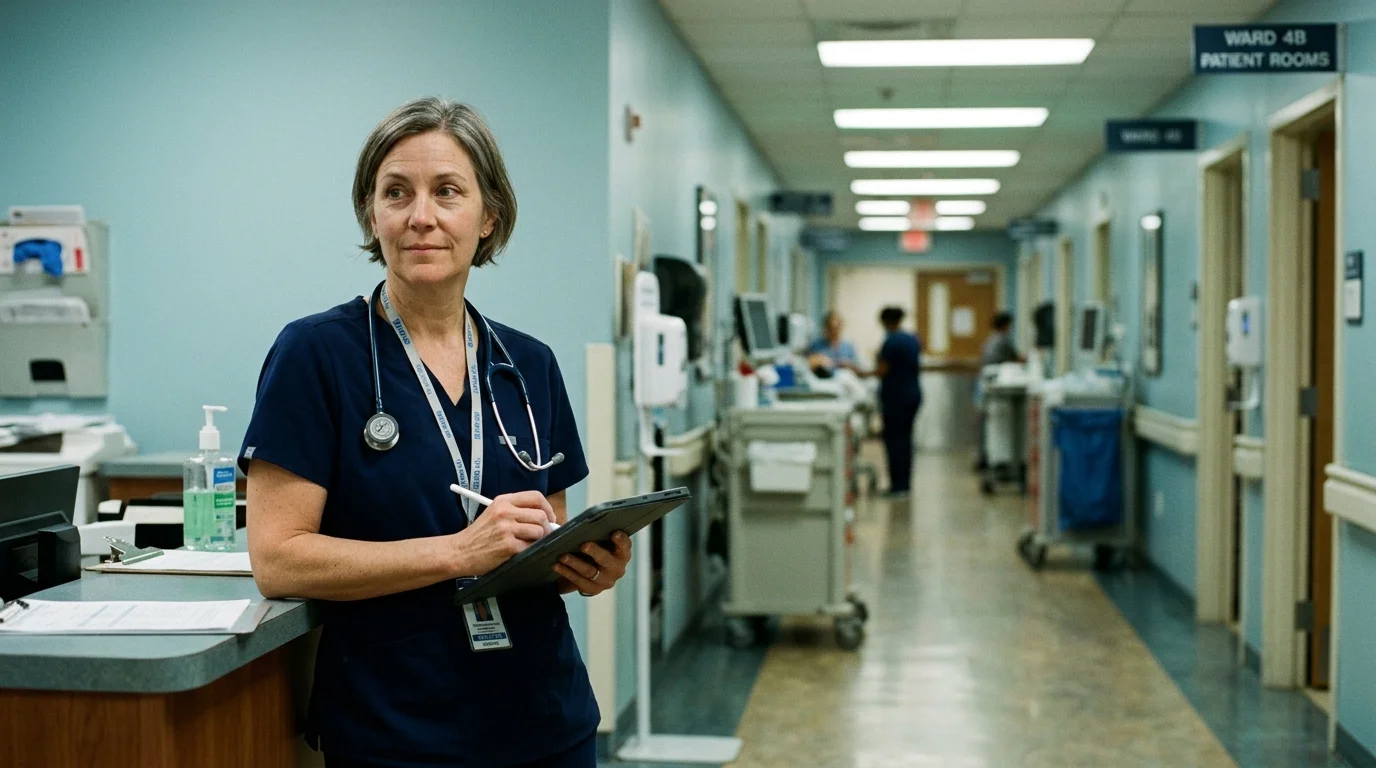 A female doctor wearing blue scrubs and a stethoscope holds a tablet while standing in a hospital corridor.