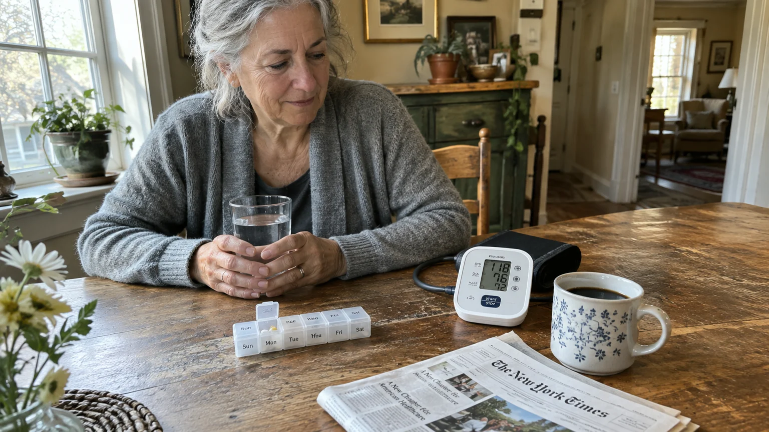 A woman sits at a wooden table with a blood pressure monitor, pill organizer, cup of coffee, and newspaper.