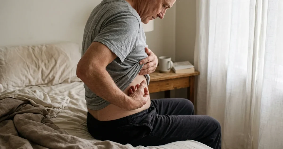 Man sitting on the edge of a bed, lifting his grey shirt to inspect the skin on his ribs and abdomen.