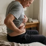 Man sitting on the edge of a bed, lifting his grey shirt to inspect the skin on his ribs and abdomen.