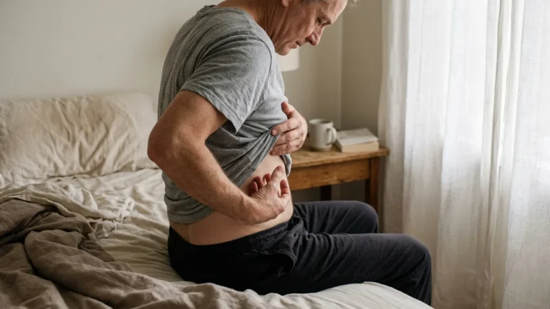 Man sitting on the edge of a bed, lifting his grey shirt to inspect the skin on his ribs and abdomen.