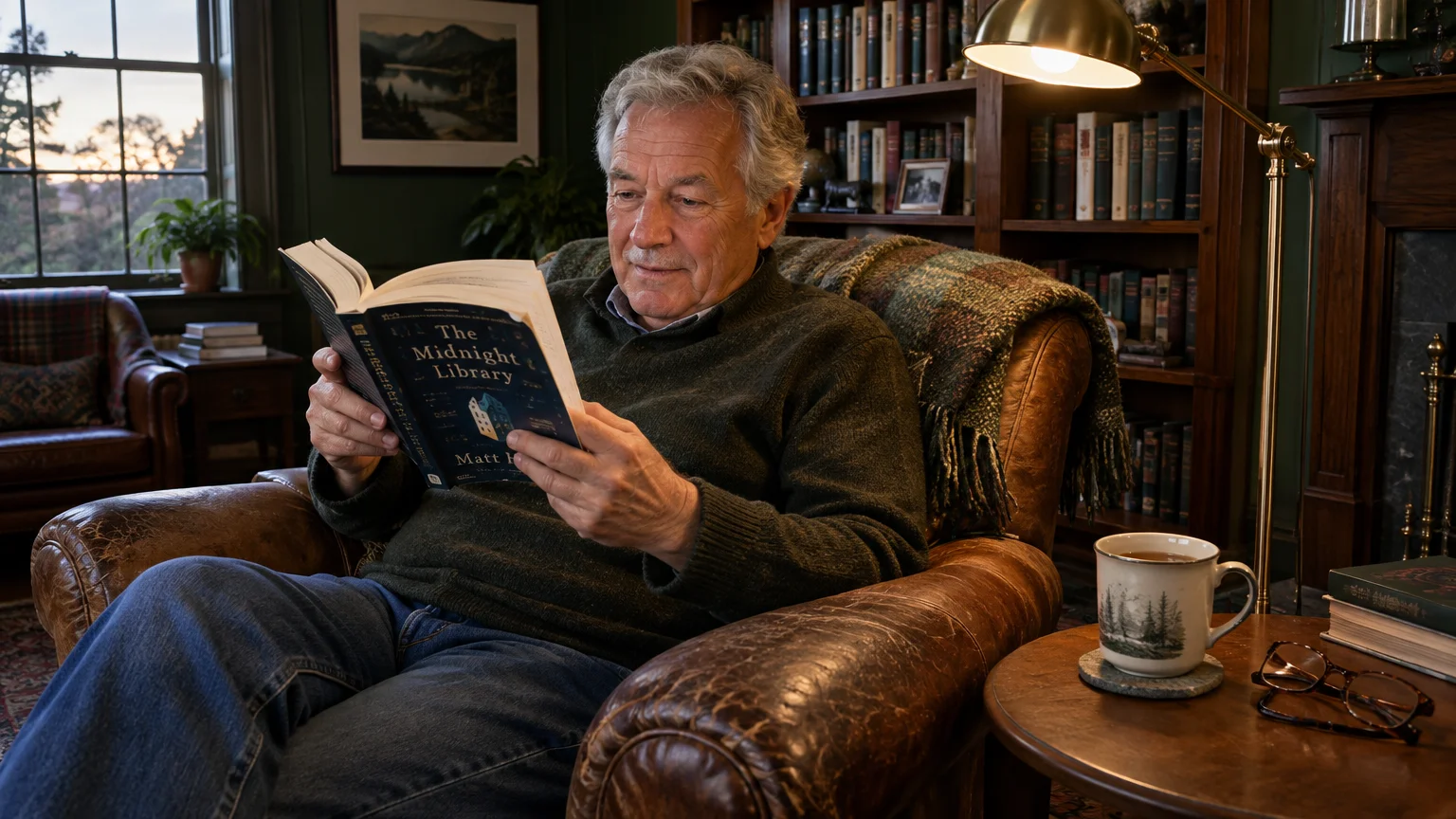 A mature man reads a book in a leather armchair beside a reading lamp, with eyeglasses resting on an adjacent side table.