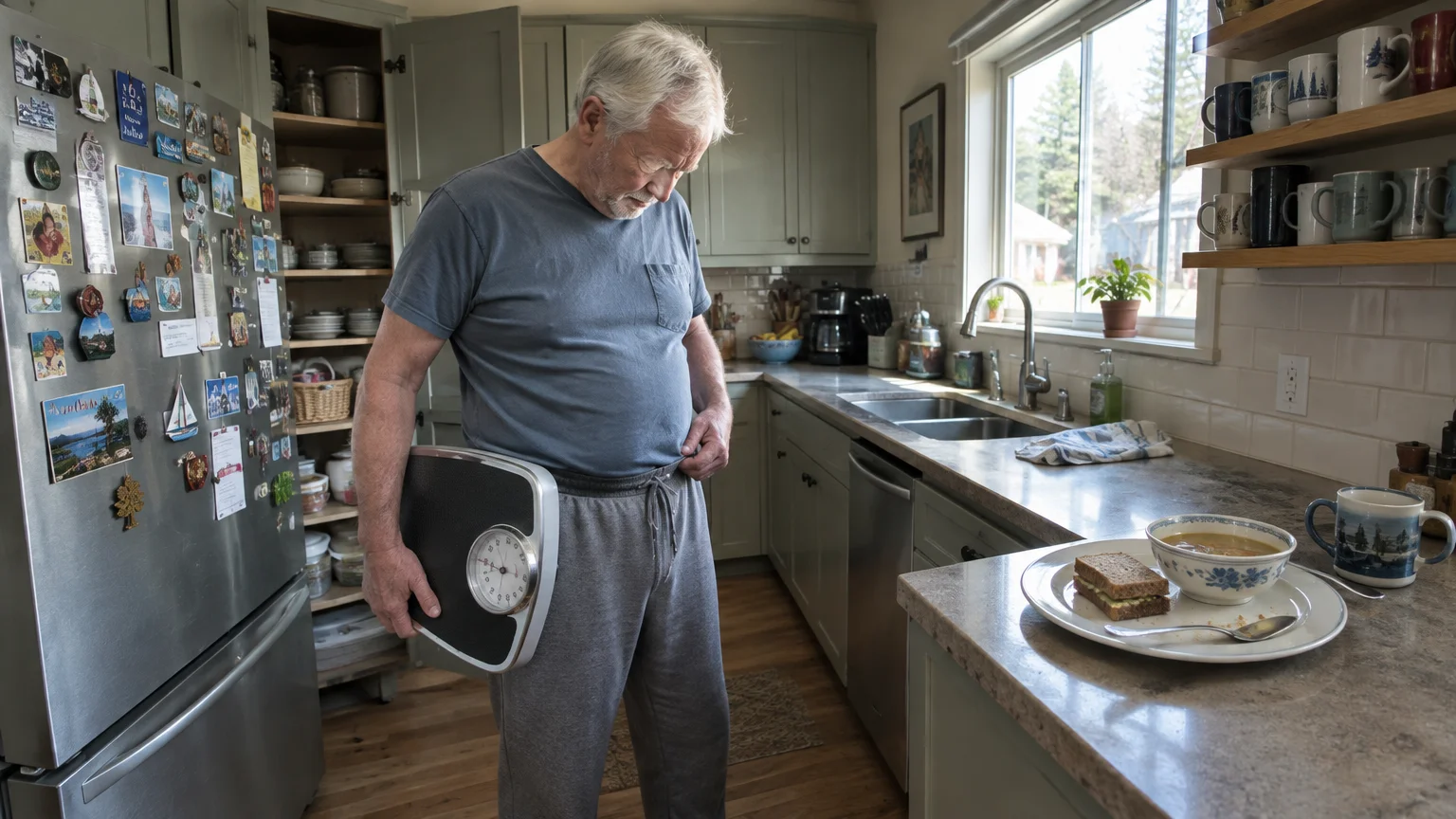 Senior man holding a bathroom scale in a kitchen while looking down at his loose sweatpants beside a meal on the counter.