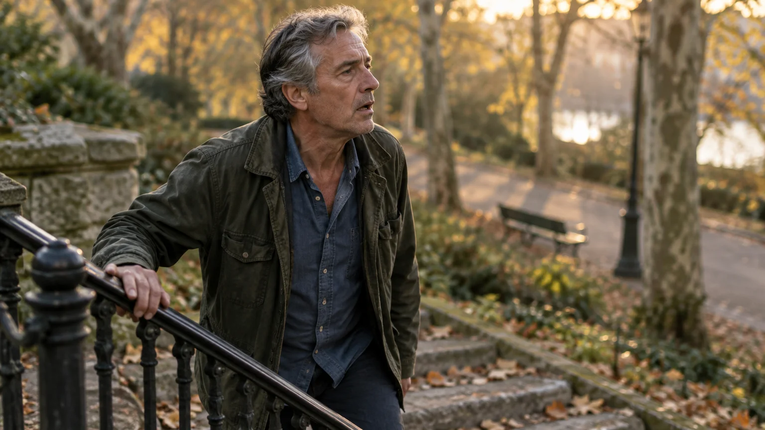 A man holds an outdoor stair railing, pausing with an open mouth and breathless expression in a park.