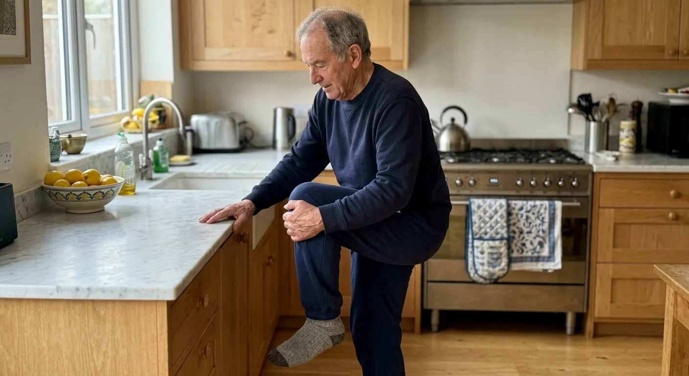 A senior man in a navy tracksuit stands on one leg in a kitchen, holding a marble countertop for balance.