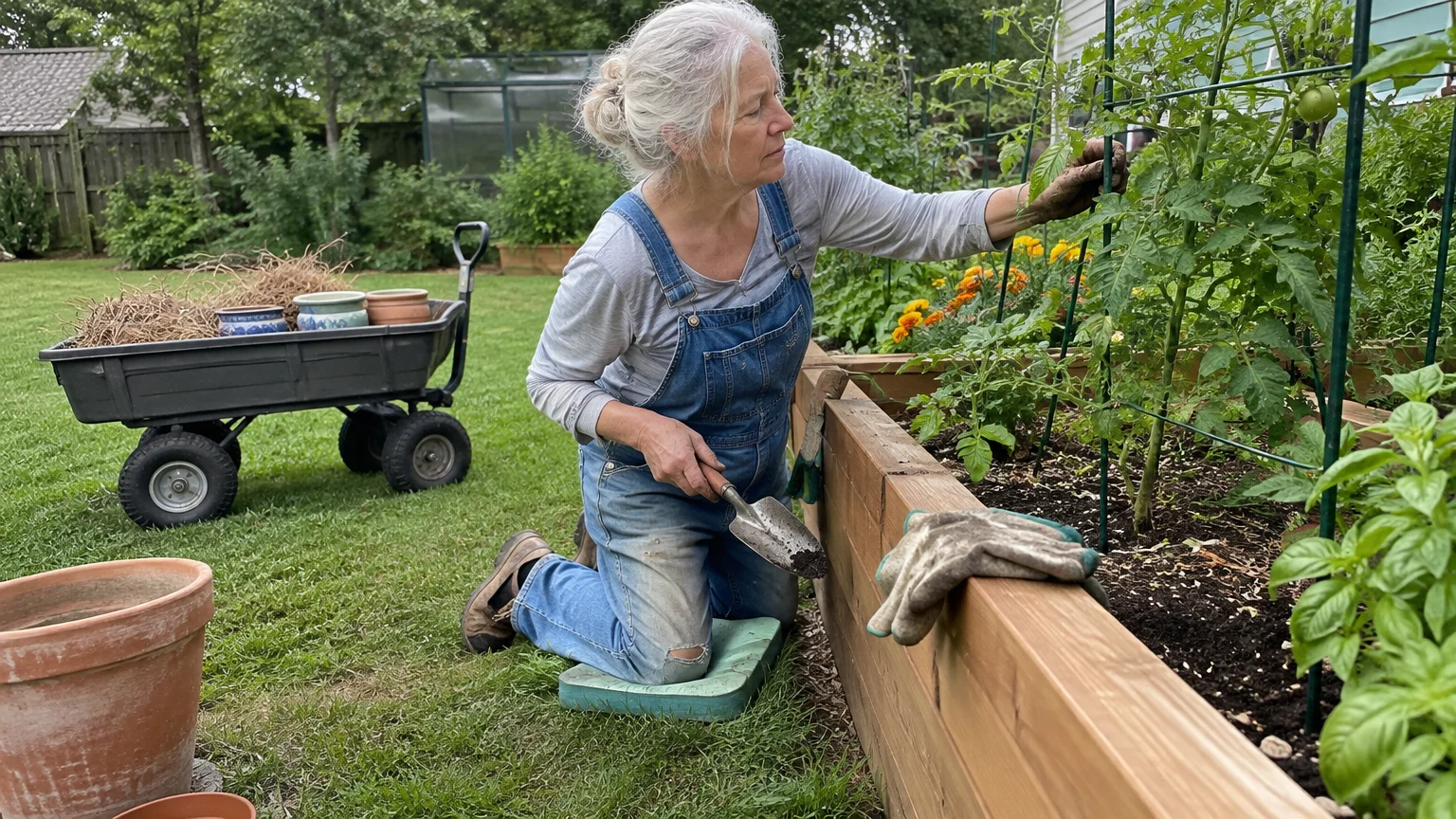 A senior woman in denim overalls kneels to tend tomato plants in a wooden raised garden bed.