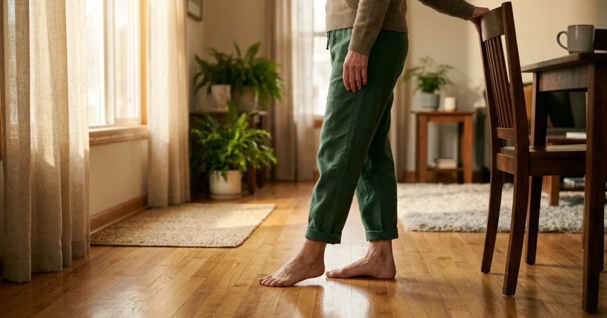 Person standing barefoot on hardwood floor in green pants, holding the back of a wooden chair for support.
