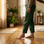 Person standing barefoot on hardwood floor in green pants, holding the back of a wooden chair for support.