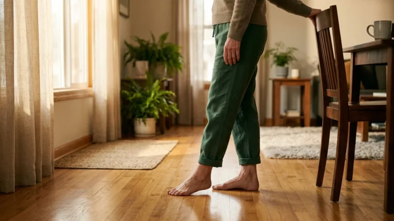 Person standing barefoot on hardwood floor in green pants, holding the back of a wooden chair for support.