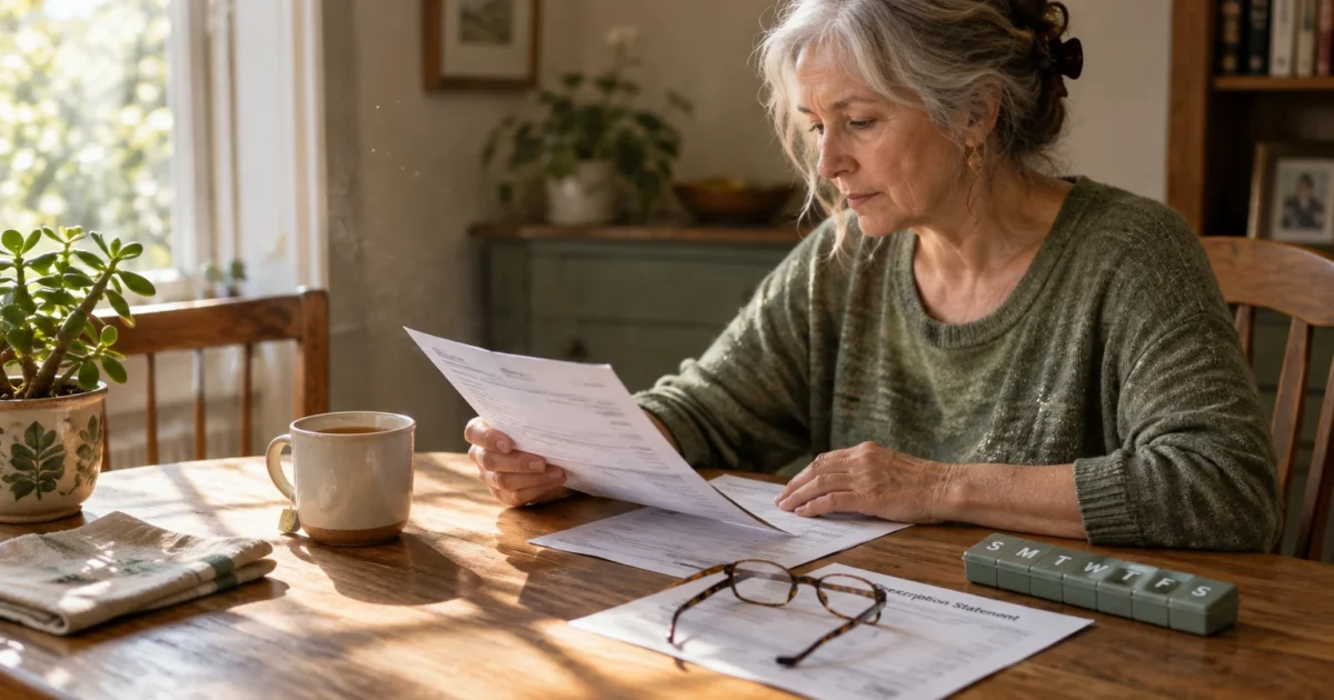 A senior woman reviews paperwork at a wooden table beside eyeglasses, a daily pill organizer, and a mug.
