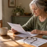 A senior woman reviews paperwork at a wooden table beside eyeglasses, a daily pill organizer, and a mug.