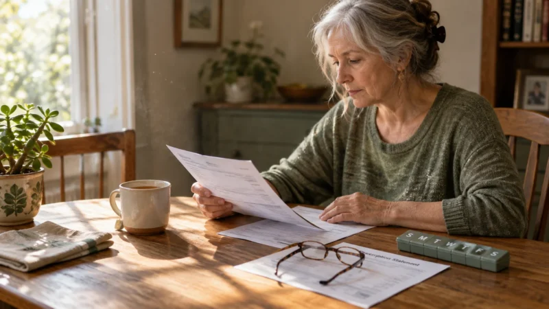 A senior woman reviews paperwork at a wooden table beside eyeglasses, a daily pill organizer, and a mug.