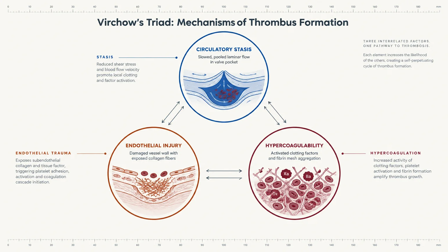 Diagram showing Virchow's Triad with circular cross-sections of circulatory stasis, endothelial injury, and hypercoagulability.