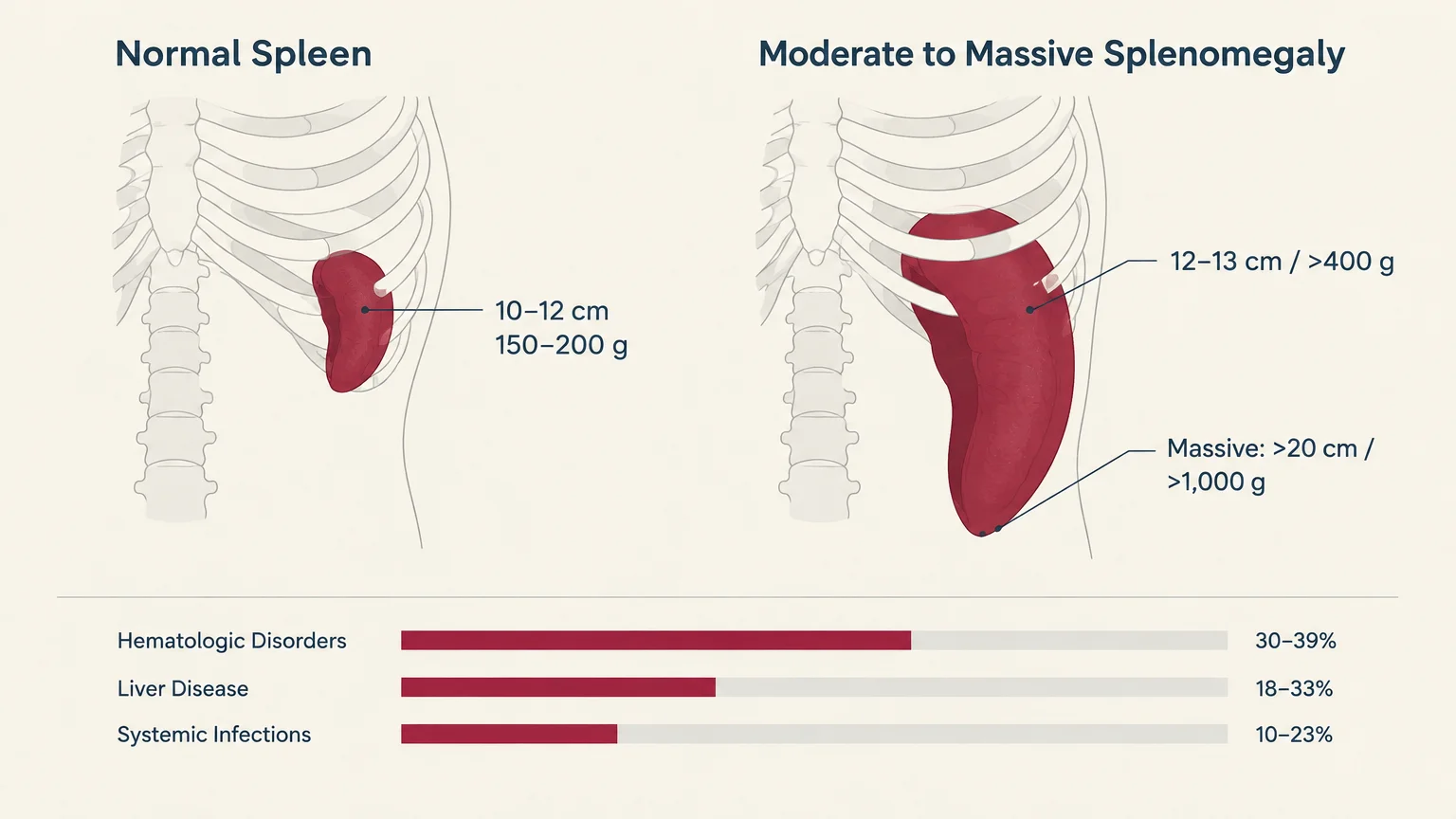Medical diagram comparing a normal spleen tucked under the ribs to an enlarged spleen, alongside a cause percentage chart.