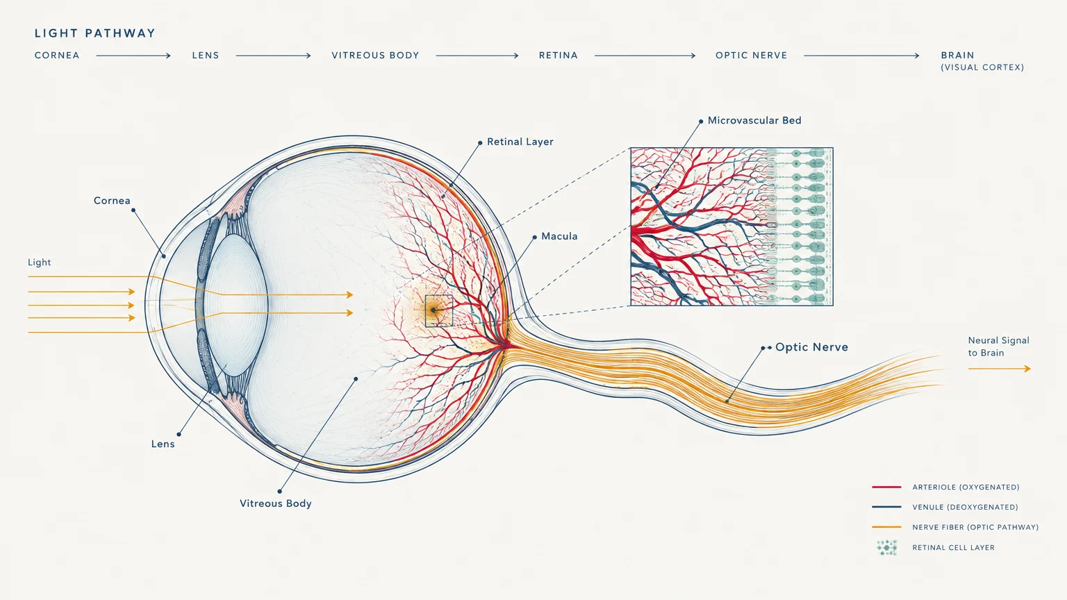 Diagram of eye anatomy showing the light pathway, retinal microvascular bed inset, and optic nerve leading to the brain.
