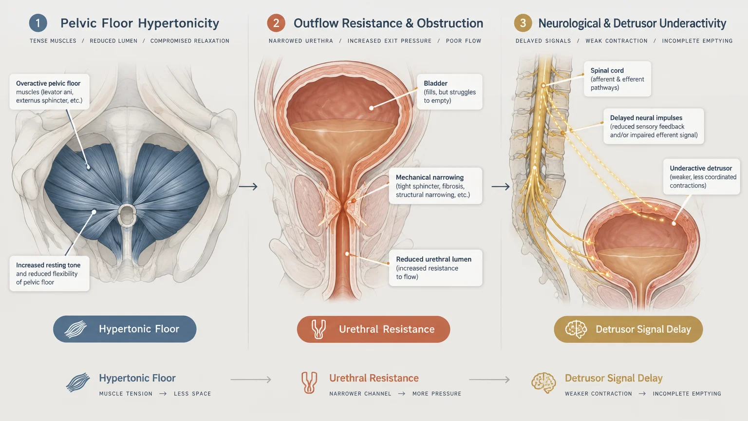 Three-part medical diagram illustrating pelvic floor hypertonicity, outflow obstruction, and neurological signal delay.