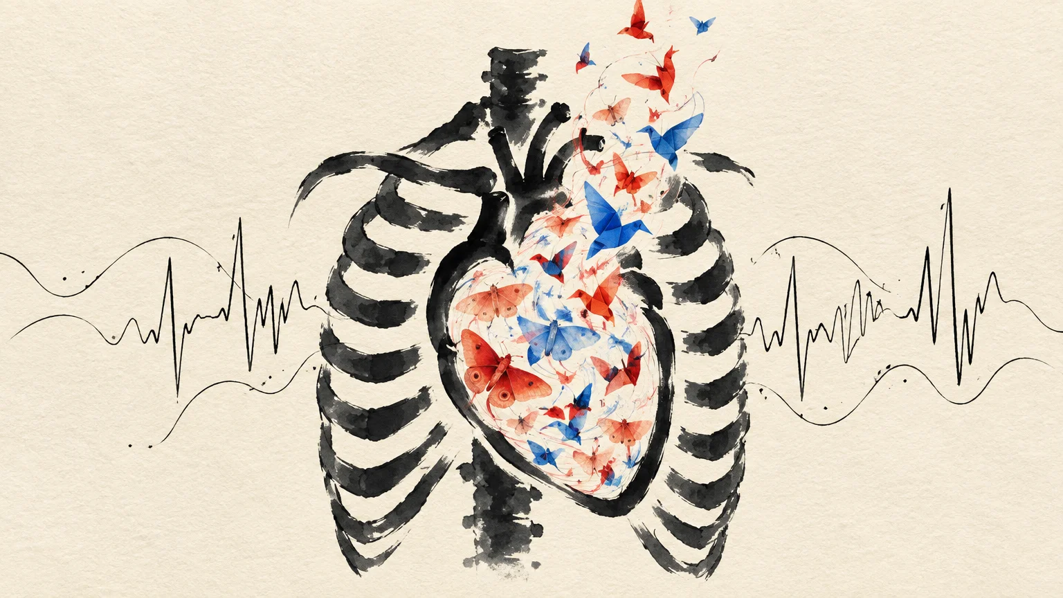 Watercolor illustration of a black ribcage and heart filled with colorful origami birds and butterflies, beside an EKG line.