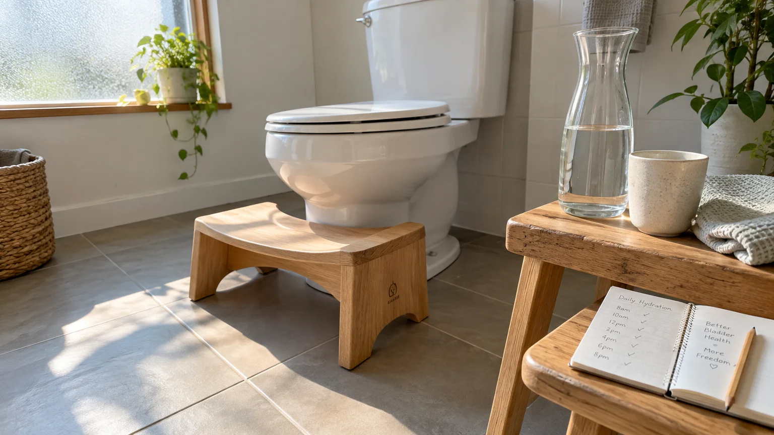 Wooden toilet footstool in front of a white toilet, beside a bench holding a water carafe and a hydration log notebook.