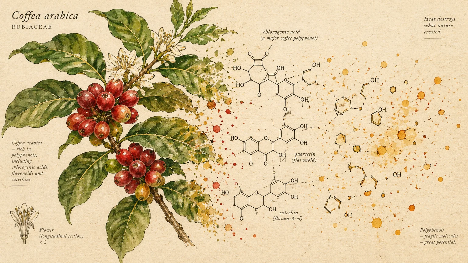 Botanical illustration of a coffee branch dissolving into chemical structures of chlorogenic acid, quercetin, and catechin.