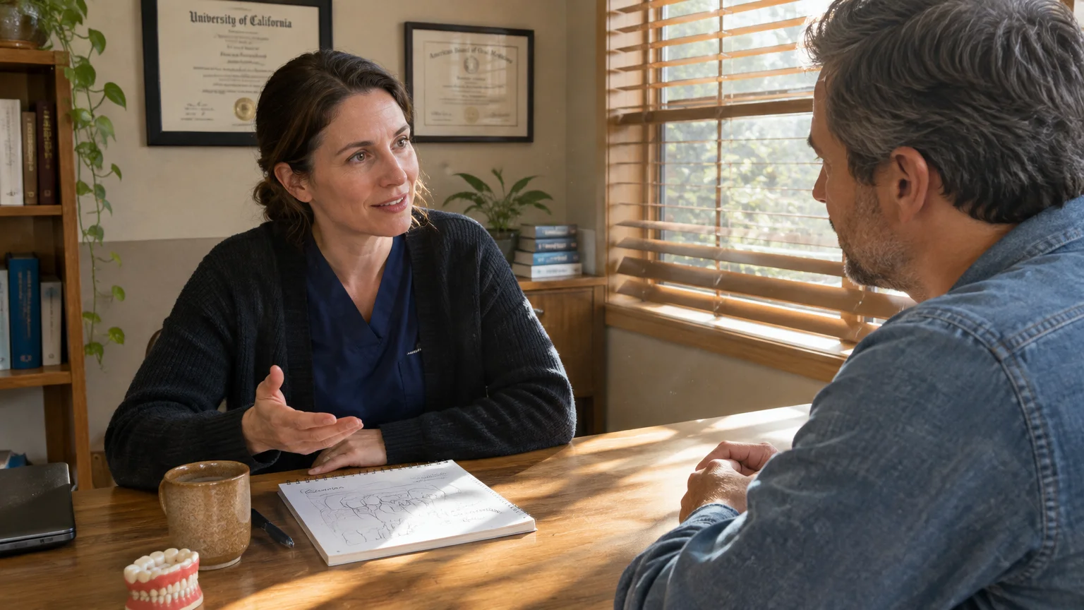 A female dentist in scrubs speaks with a male patient sitting across from her at a wooden desk in an office.