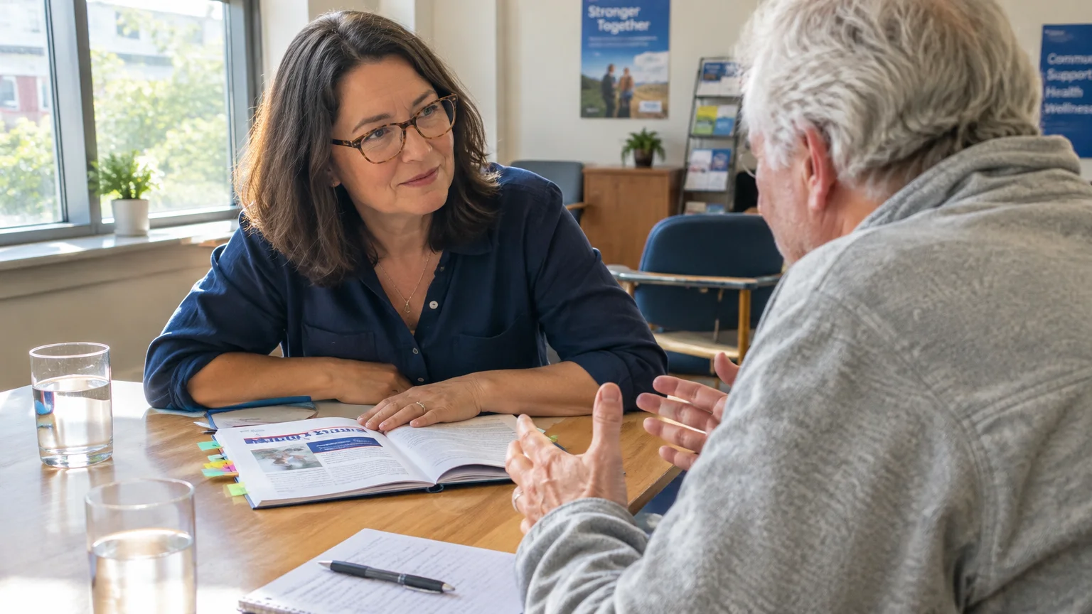 A brunette woman in glasses listens intently across a table to an older man gesturing over an open booklet.