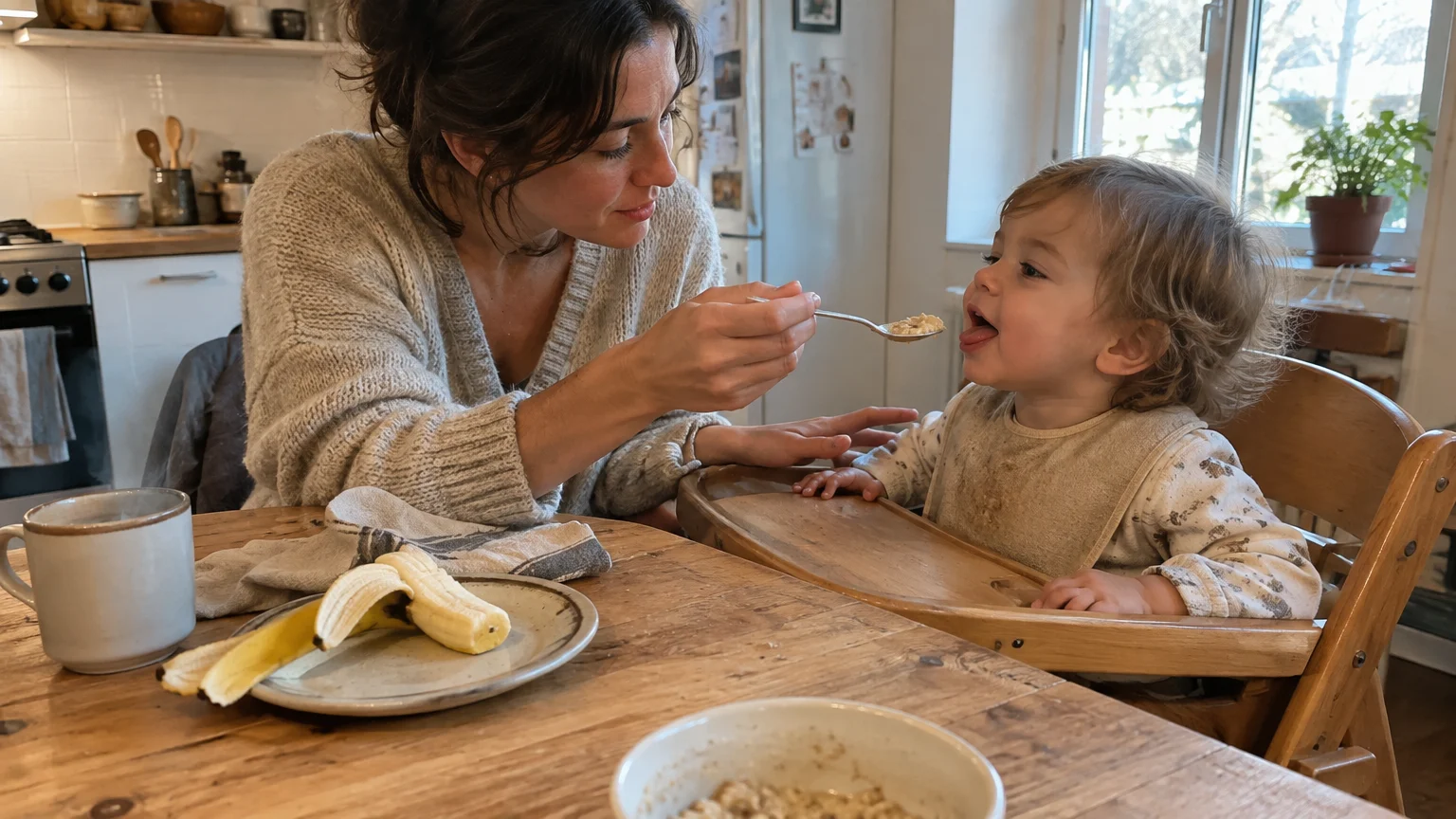 A mother feeds oatmeal to her toddler seated in a wooden high chair at a rustic kitchen table.