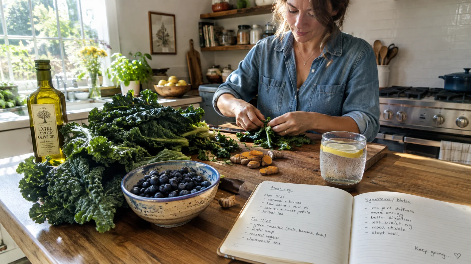 A woman prepares kale in a bright kitchen near blueberries, turmeric, olive oil, and an open meal and symptom log.