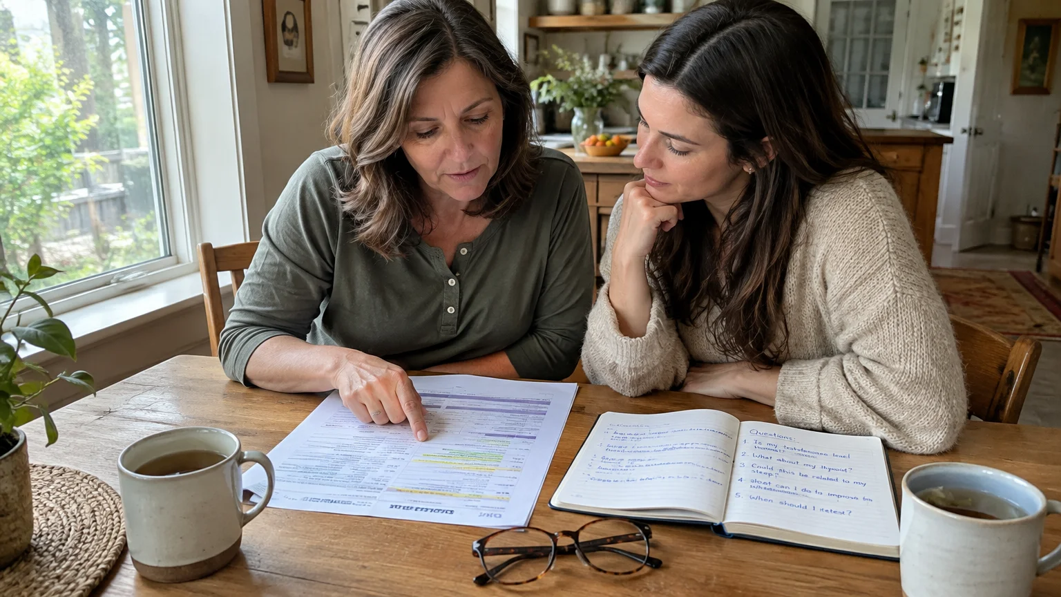 Two women sitting at a wooden table review medical paperwork, a notebook with questions, and two mugs.