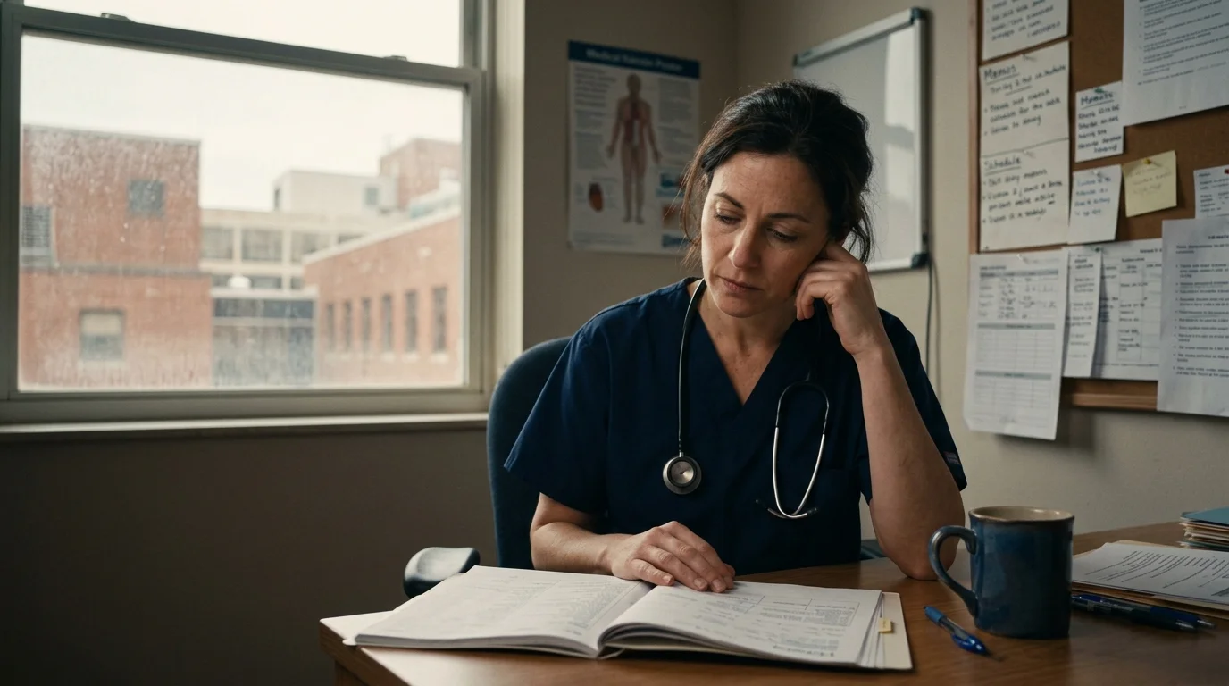 A female doctor in dark scrubs sits thoughtfully at an office desk with a stethoscope, looking down at open paperwork.