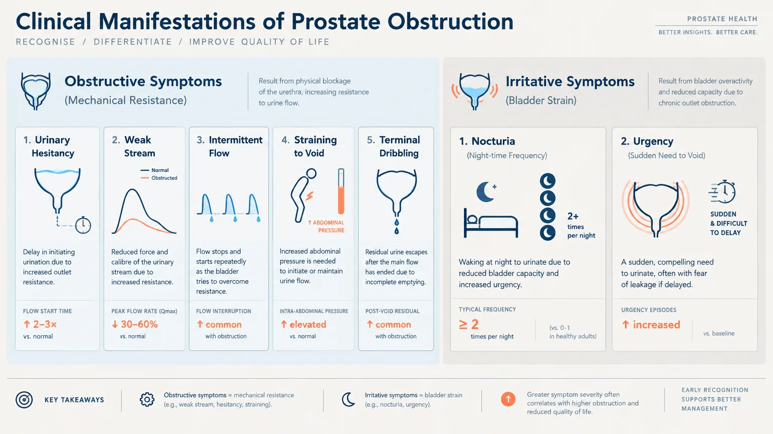 Medical infographic categorizing obstructive and irritative clinical manifestations of prostate obstruction with icons.