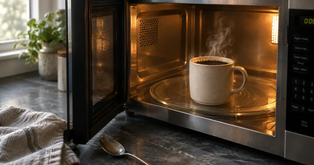 A steaming ceramic mug of coffee inside an open, illuminated microwave on a dark countertop.