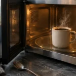 A steaming ceramic mug of coffee inside an open, illuminated microwave on a dark countertop.