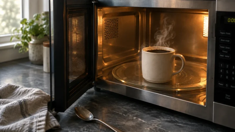 A steaming ceramic mug of coffee inside an open, illuminated microwave on a dark countertop.