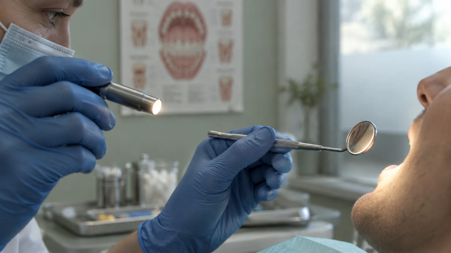A dentist in blue gloves shines a penlight and holds an angled dental mirror near a male patient's open mouth.