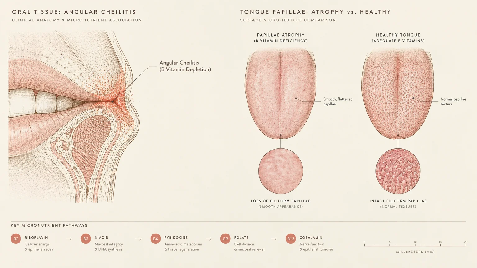Medical diagram comparing angular cheilitis and an atrophied smooth tongue against healthy tongue papillae.