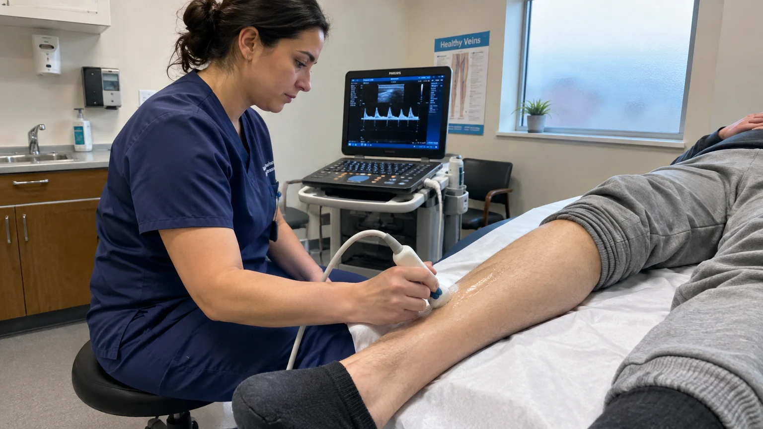 A clinician in blue scrubs performs an ultrasound scan on a patient's lower leg in an examination room.