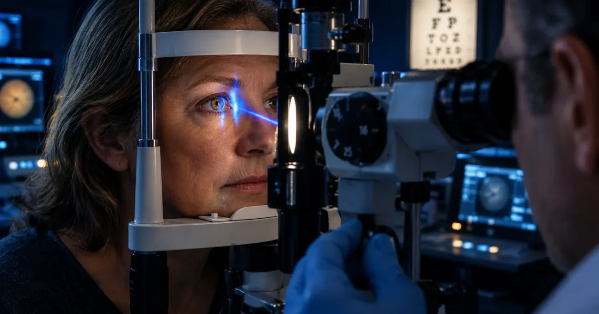 A woman rests her chin in an ophthalmic slit lamp device while a doctor examines her eye with a bright blue light beam.