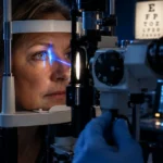 A woman rests her chin in an ophthalmic slit lamp device while a doctor examines her eye with a bright blue light beam.