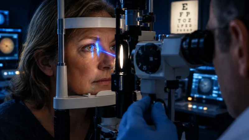 A woman rests her chin in an ophthalmic slit lamp device while a doctor examines her eye with a bright blue light beam.