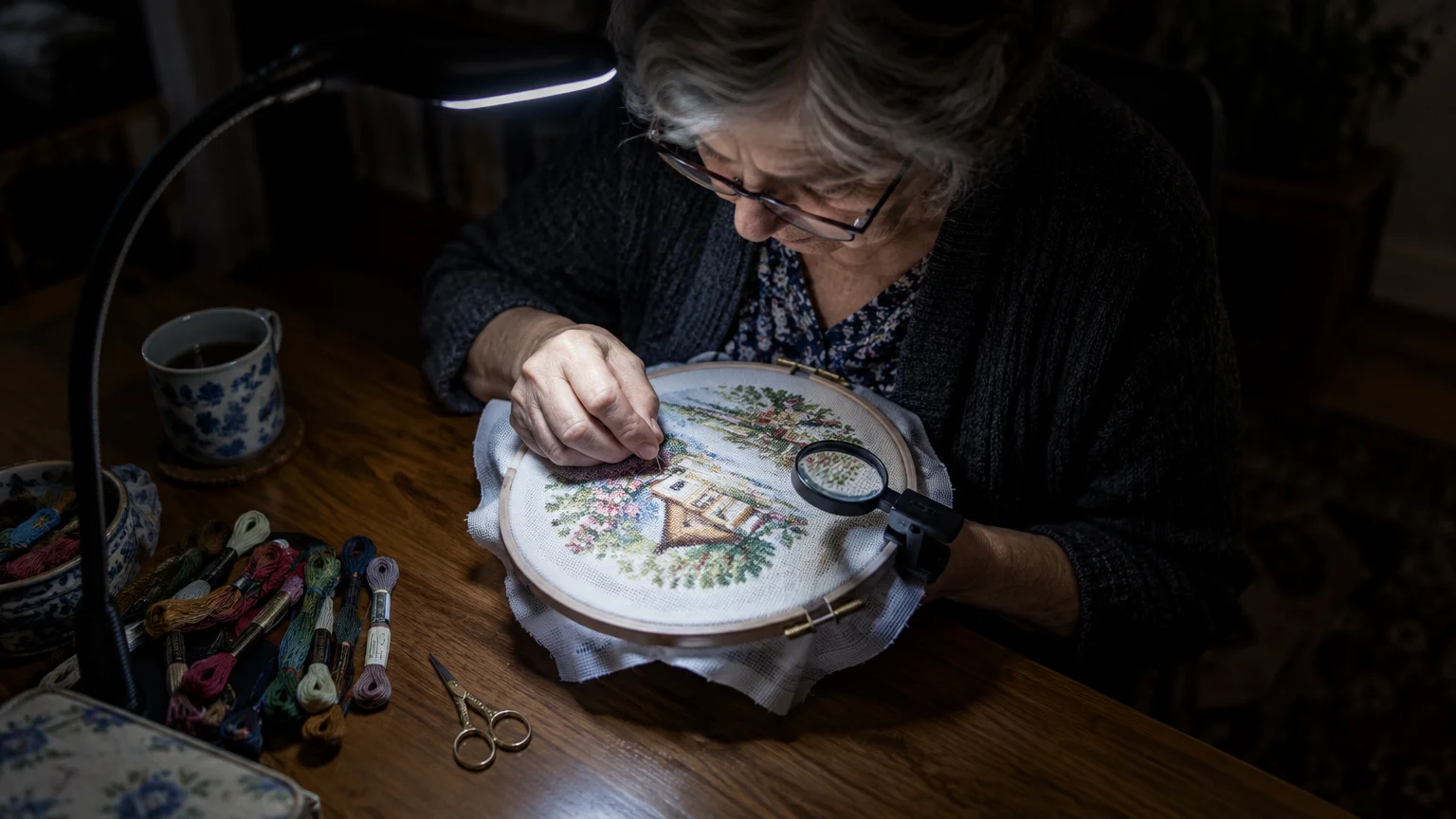 An older woman with glasses using a desk lamp and magnifying glass while embroidering at a wooden table.