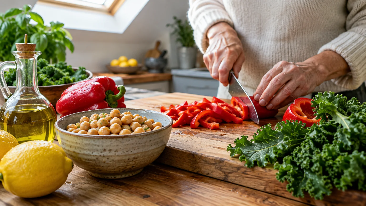 A person chops red bell peppers on a cutting board alongside chickpeas, kale, lemons, and a bottle of olive oil.