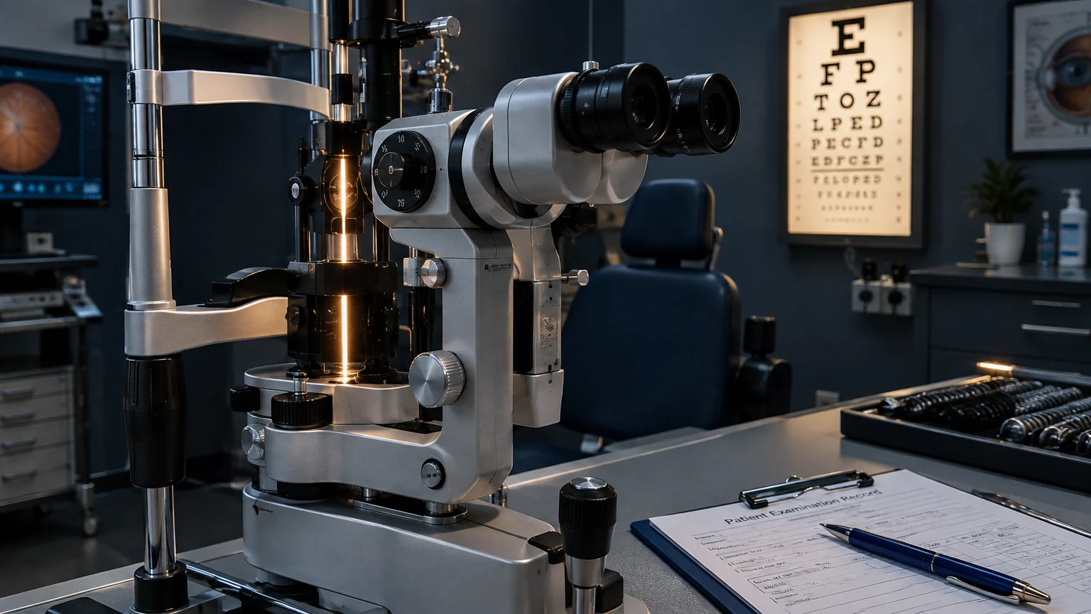 Slit lamp biomicroscope in an optometry examination room with an eye chart glowing in the background.